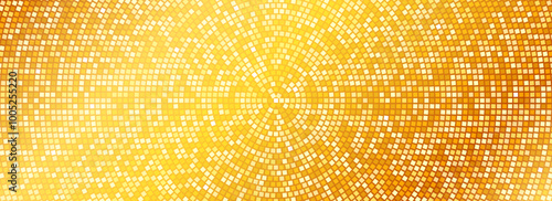 Radial gold disco party pattern. Golden square sequin mosaic texture background. Abstract yellow shining glitter halftone wallpaper. Pop up comic sparkling glitter backdrop. Vector