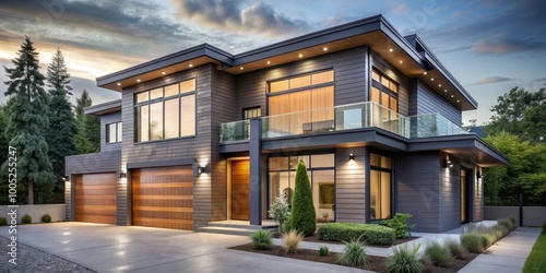 Modern two story house with gray and wood accents, large windows, parking space, and cozy light on a clear summer evening photo