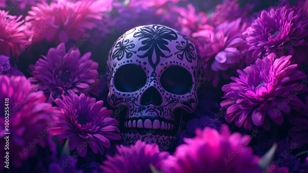 Colorful Day of the Dead altar with a decorated skull surrounded by vibrant flowers in celebration Colorful Day of the Dead altar with a decorated skull surrounded by vibrant flowers in celebration