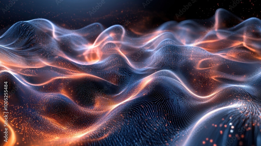 Obraz premium Abstract Wavy Texture with Glowing Particles - Futuristic Digital Background