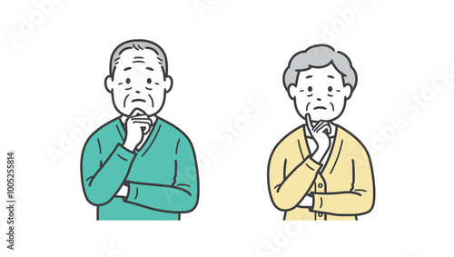 顔に手を当てて悩む高齢者男女の上半身イラスト