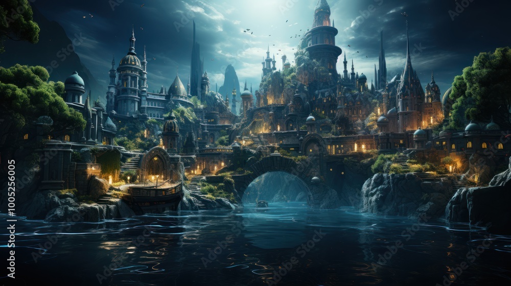 Fototapeta premium A Nighttime View of a Fantasy City