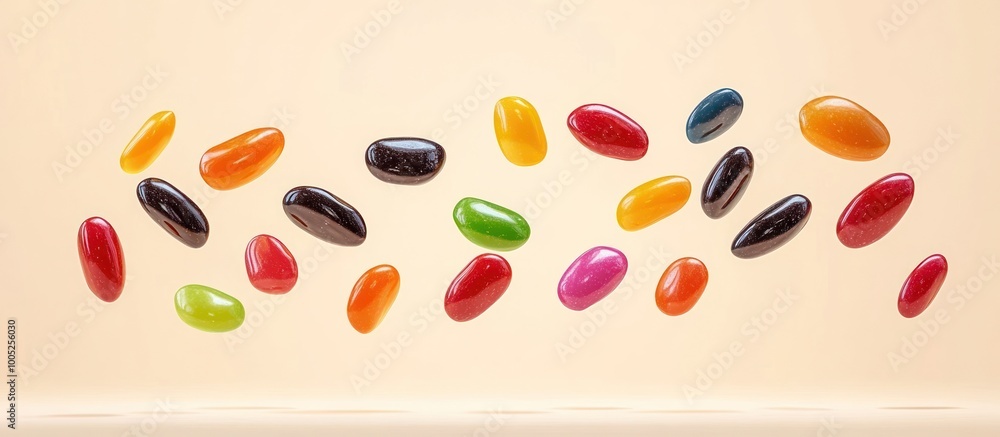 Multicolored jelly beans scattered on a light yellow background. Multicolored jelly beans scattered on a light yellow background.