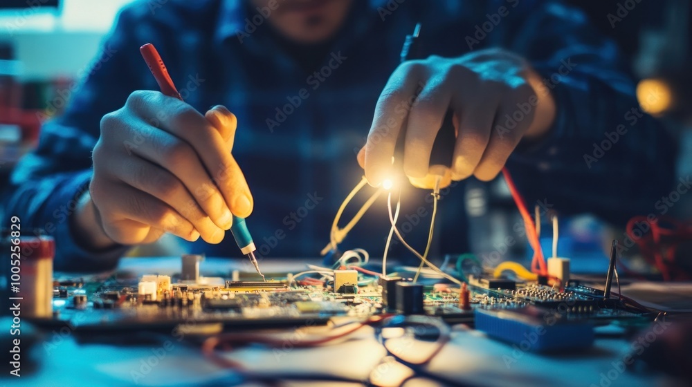 Fototapeta premium Closeup of an Electrician Working on a Circuit Board