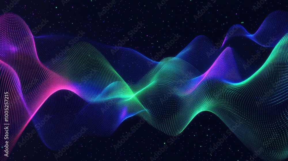 Obraz premium Abstract Wavy Neon Lights with Stars Background - Digital Art, Technology, and Futuristic Design.