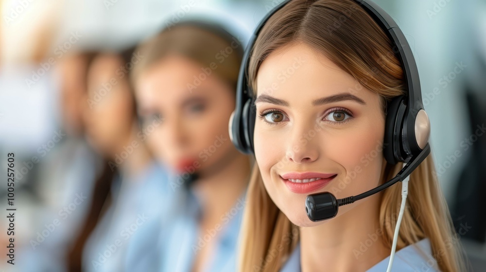 Professional woman in a call center providing excellent customer service with a smile and good communication skills. Professional woman in a call center providing excellent customer service with a smile and good communication skills.