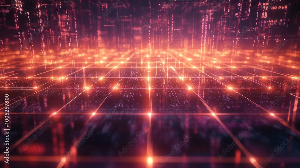 Abstract Digital Network Grid Background with Glowing Orange Lines and Lights. Abstract Digital Network Grid Background with Glowing Orange Lines and Lights.