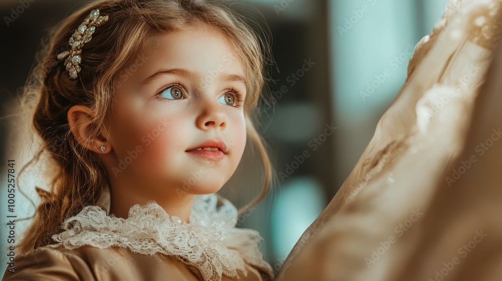 A young girl admires the unique details of a chic haute couture dress, showcasing her curiosity for fashion. A young girl admires the unique details of a chic haute couture dress, showcasing her curiosity for fashion.