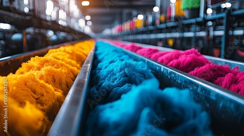 Vibrant colored fibers in a textile factory setting photo