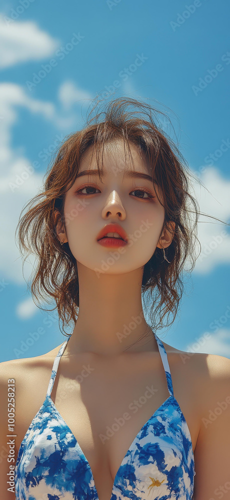 Elegant Japanese woman in a chic blue and white halter top, captured in stunning highdefinition photography. Elegant Japanese woman in a chic blue and white halter top, captured in stunning highdefinition photography.
