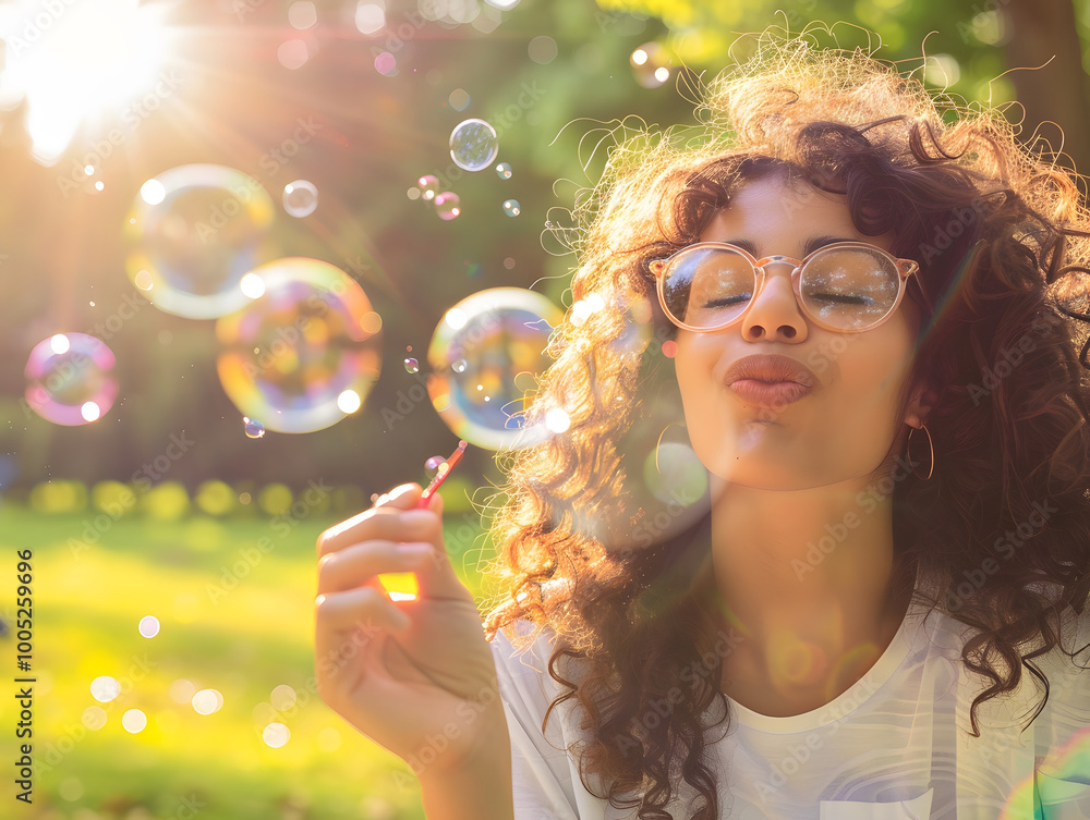 woman is blowing bubbles in sunlit park, surrounded by greenery, radiating joy and tranquility. sunlight creates magical atmosphere as bubbles float around her woman is blowing bubbles in sunlit park, surrounded by greenery, radiating joy and tranquility. sunlight creates magical atmosphere as bubbles float around her