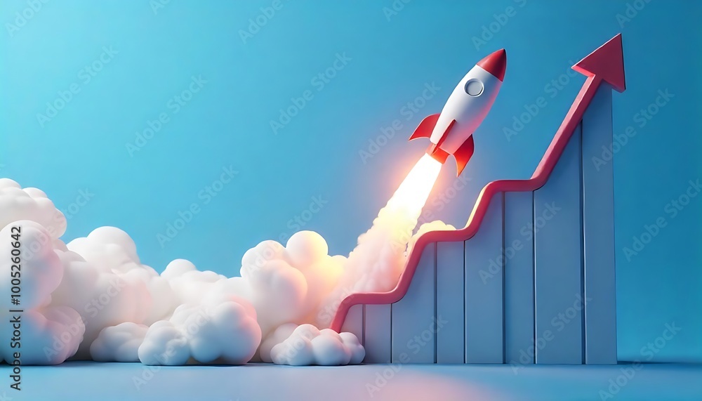 Fototapeta premium upward trending graph with a rocket flying of against a blue background