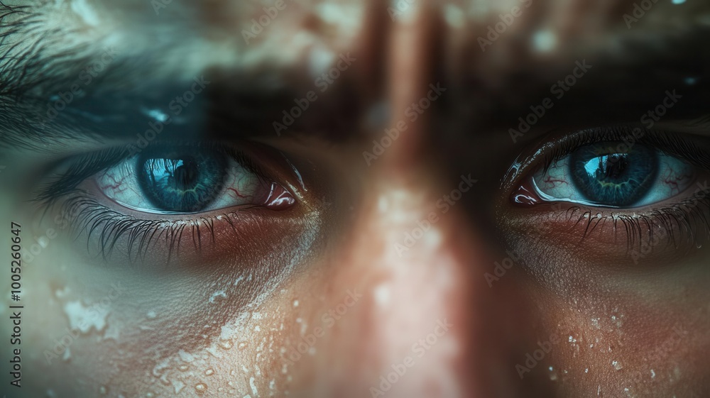 Closeup of a man s tearfilled eyes looking out a rainy window, focus on the raindrops sliding down the glass, soft and somber lighting Closeup of a man s tearfilled eyes looking out a rainy window, focus on the raindrops sliding down the glass, soft and somber lighting