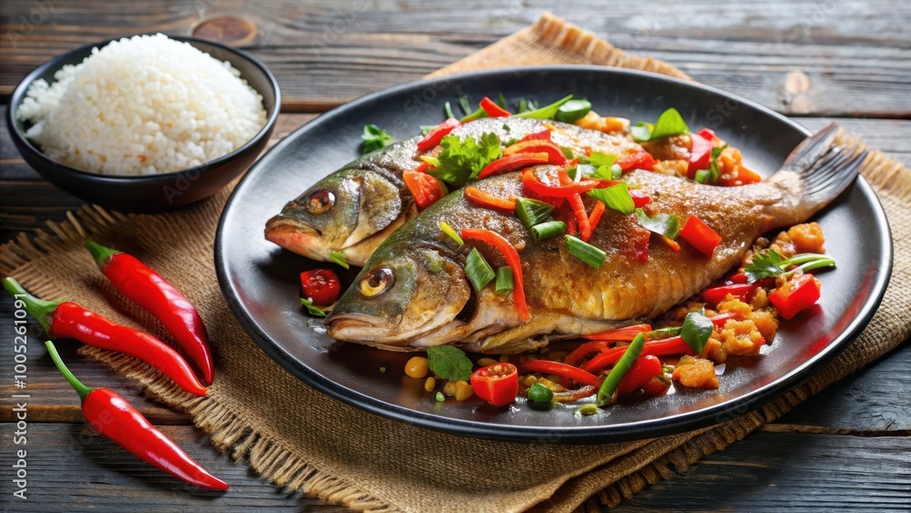 Delicious Thai stir-fried fish with Chili and Salt served with rice berry , Thai cuisine, spicy, seafood, flavor, traditional, delicious Delicious Thai stir-fried fish with Chili and Salt served with rice berry , Thai cuisine, spicy, seafood, flavor, traditional, delicious