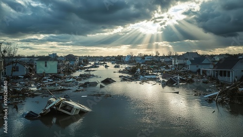 A heavily flooded coastal town after a hurricane photo