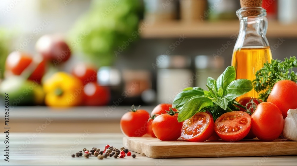 Fresh tomatoes and herbs on a wooden cutting board with olive oil, perfect for cooking and healthy recipes in a modern kitchen. Fresh tomatoes and herbs on a wooden cutting board with olive oil, perfect for cooking and healthy recipes in a modern kitchen.