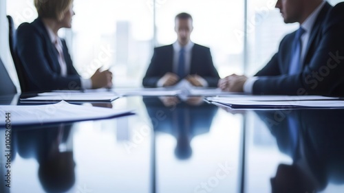 A business negotiation at a sleek, modern table, with tense expressions and competitive documents scattered across the table photo