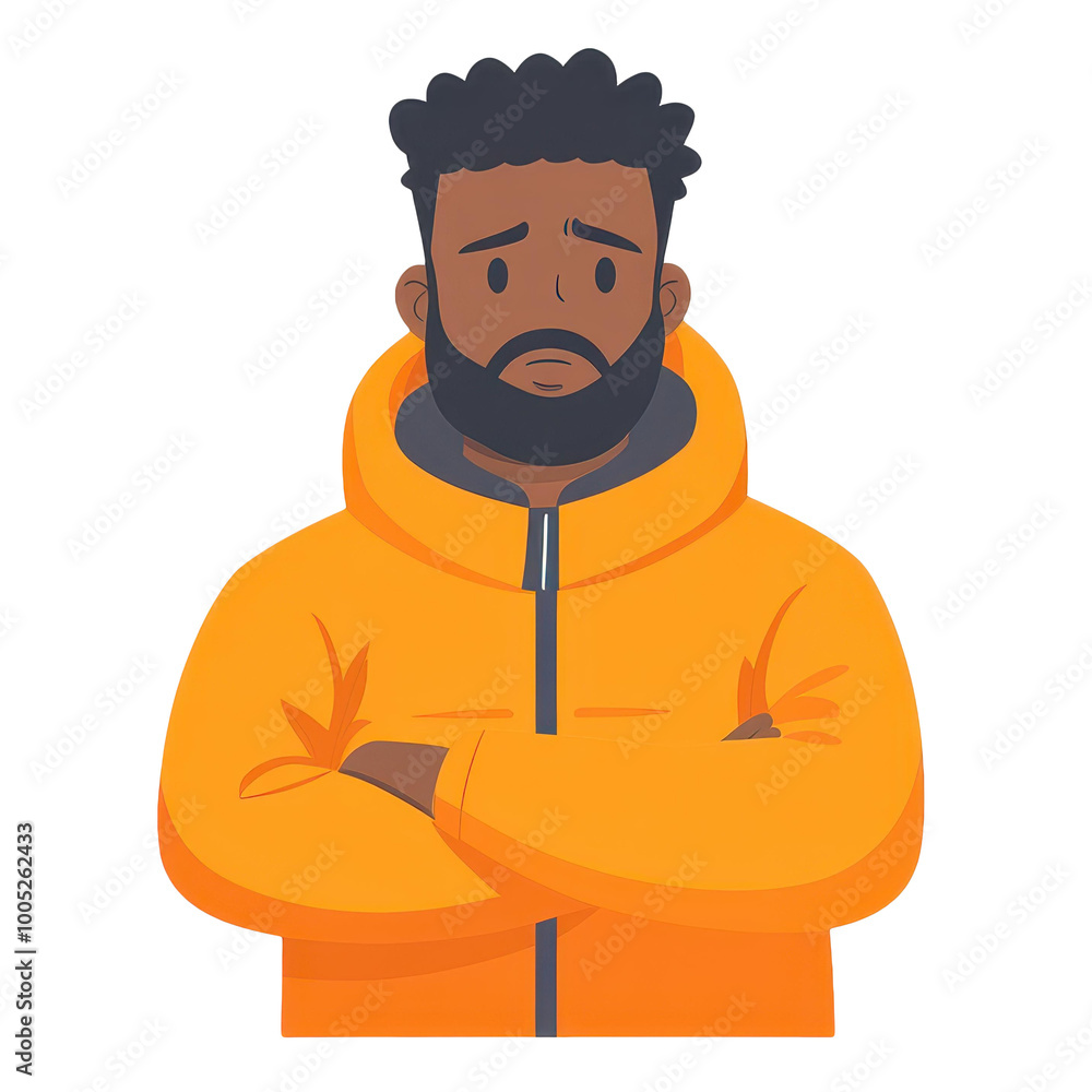 Obraz premium A cartoon representation of a sad African American man in winter attire, capturing the essence of a vacation gone wrong.