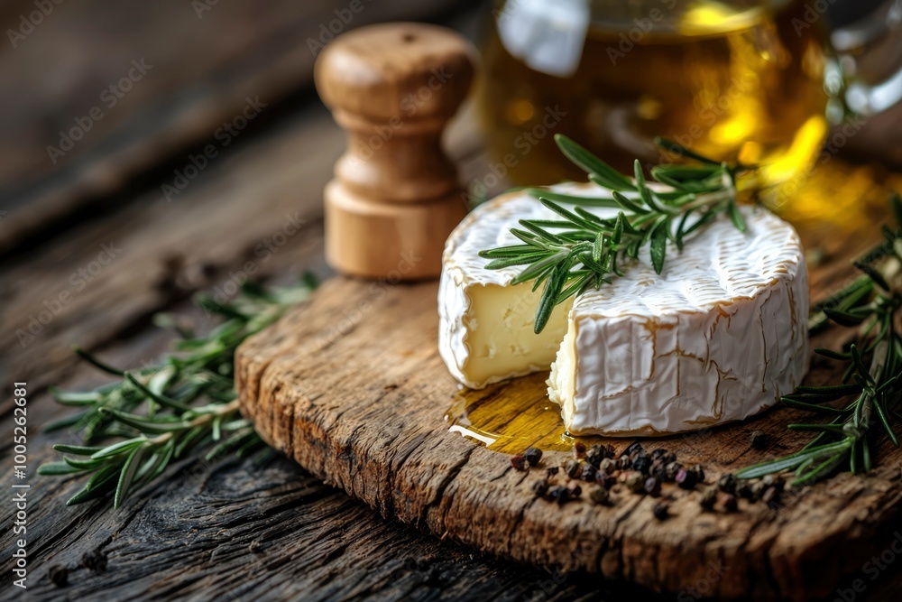Creamy Camembert Cheese with Rosemary and Olive Oil on Rustic Wood Creamy Camembert Cheese with Rosemary and Olive Oil on Rustic Wood