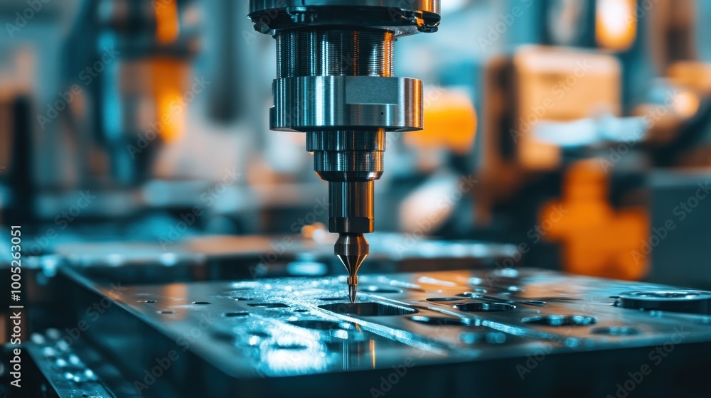 Closeup of a CNC Machine Drilling a Metal Plate Closeup of a CNC Machine Drilling a Metal Plate