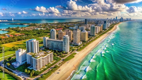 Panoramic aerial view of Miami Beach coastline with luxury condos photo