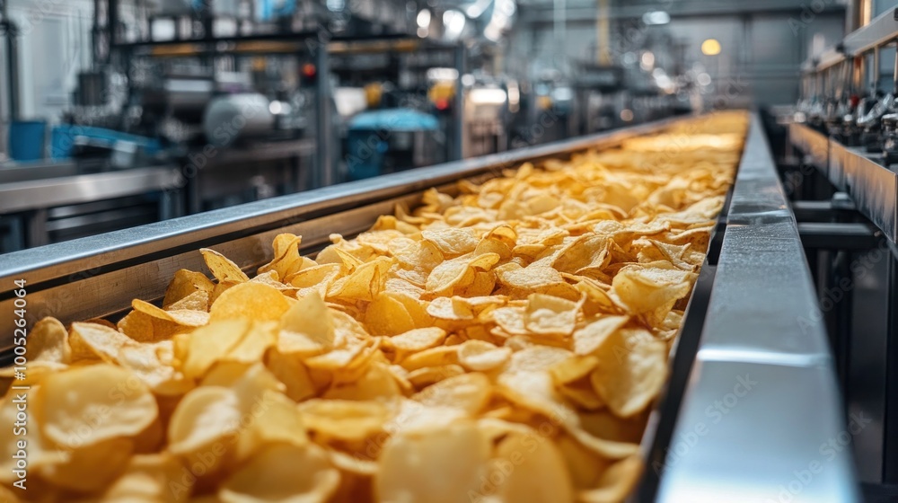 Potato Chips on a Conveyor Belt in a Factory Potato Chips on a Conveyor Belt in a Factory