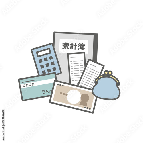 お金と家計簿、電卓、通帳、お財布、レシートのイラスト