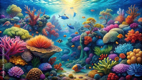 Fototapeta Naklejka Na Ścianę i Meble -  Vibrant acrylic painting capturing the textures and colors of a coral reef ecosystem, coral reef, vibrant