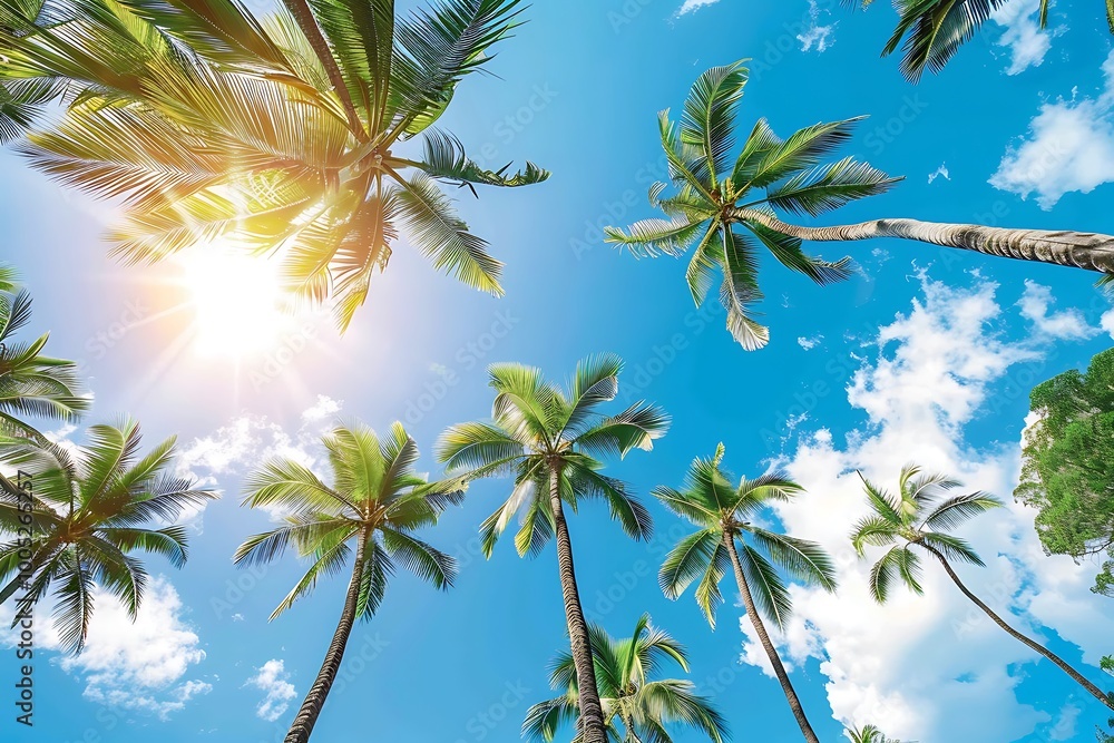 Obraz premium Coconut palm trees with blue sky background. Summer vacation concept