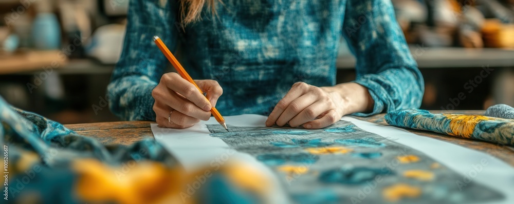 Obraz premium Fashion designer sketching designs for a sustainable clothing line using organic fabrics, sustainable fashion, organic materials design