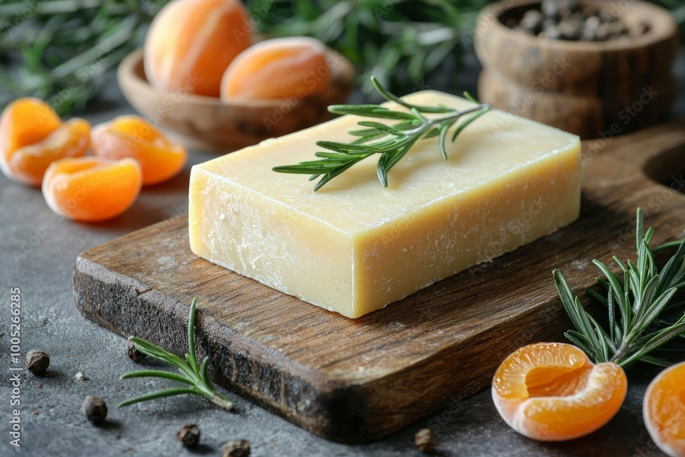 Rosemary and Apricot Scented Handmade Soap on Wooden Cutting Board Rosemary and Apricot Scented Handmade Soap on Wooden Cutting Board