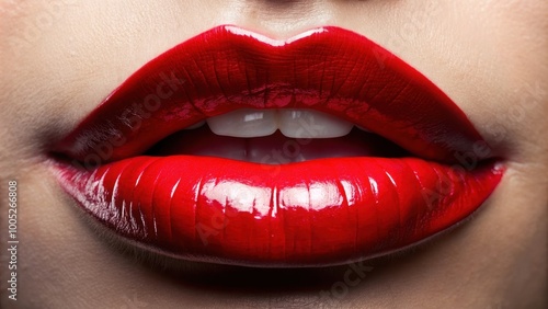 Close up of vibrant red lips with glossy finish, red, lips, mouth, beauty, cosmetics, close-up, makeup, female, sensual