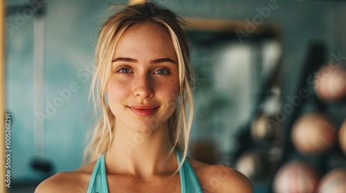 Portrait of a woman in sportswear exercising in a room with machines and sports equipment. Pilates class for active healthy lifestyle.