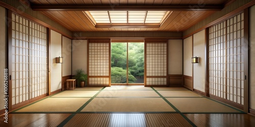 Wallpaper Mural Traditional Japanese room with tatami mat flooring, sliding paper doors, and minimal decor, Japanese, room, tatami mat Torontodigital.ca