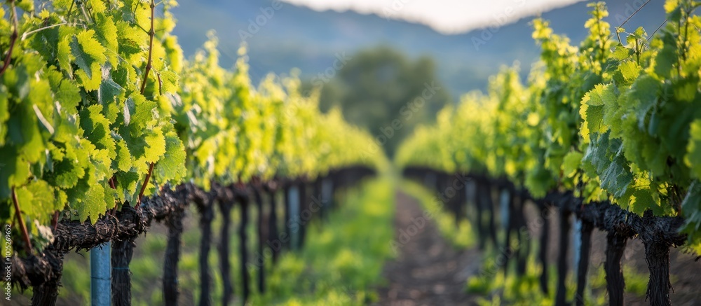 Rows of grapevines in a vineyard, with green leaves, and wooden stakes. Rows of grapevines in a vineyard, with green leaves, and wooden stakes.