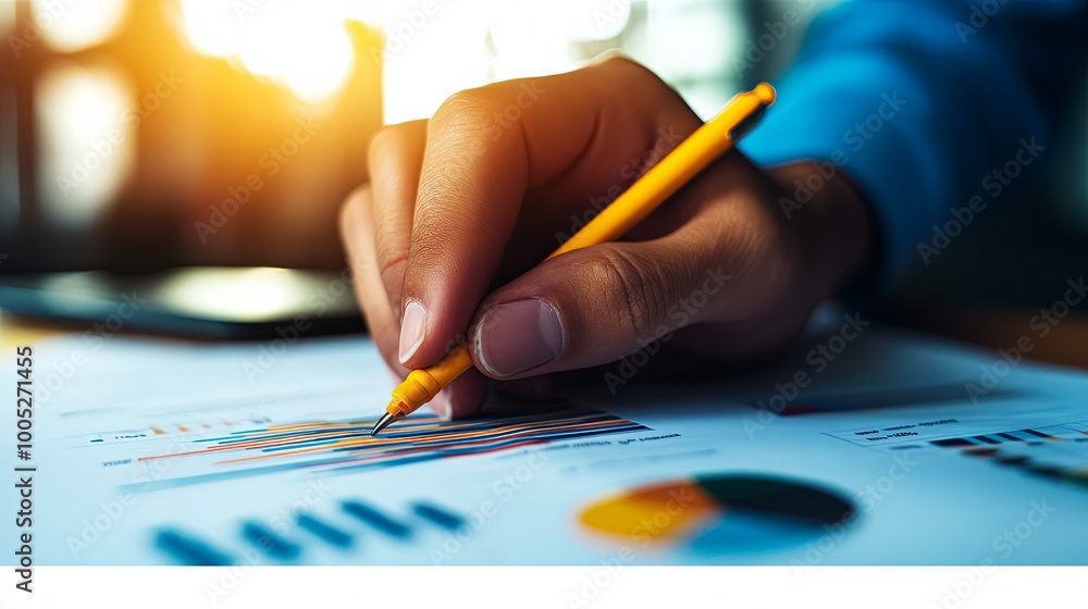 Analyzing data trends with a yellow pen and charts Analyzing data trends with a yellow pen and charts
