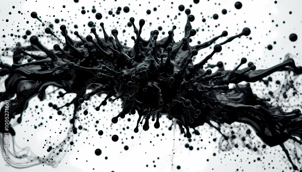 Chaotic Black Ink Explosion with Glossy Droplets and Photorealistic Lighting on Transparent Chaotic Black Ink Explosion with Glossy Droplets and Photorealistic Lighting on Transparent