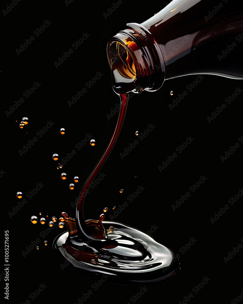 Dark soy flow; deep brown liquid, thin stream, illuminated by soft side light, fluid motion.