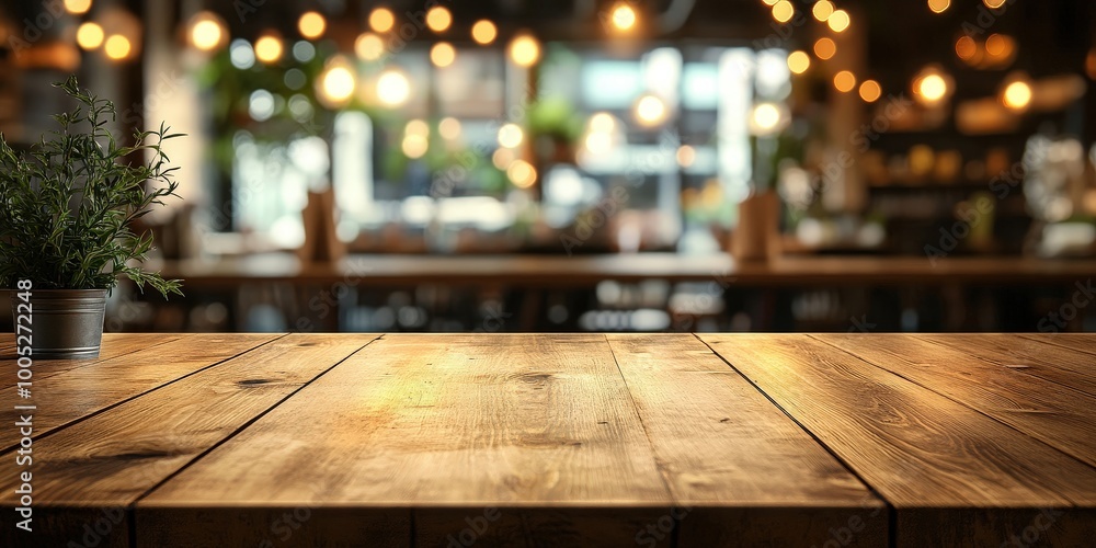 Wooden Tabletop with Blurred Cafe Background Wooden Tabletop with Blurred Cafe Background
