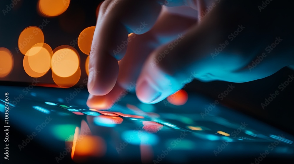 Close-up of a hand interacting with a touchscreen device Close-up of a hand interacting with a touchscreen device