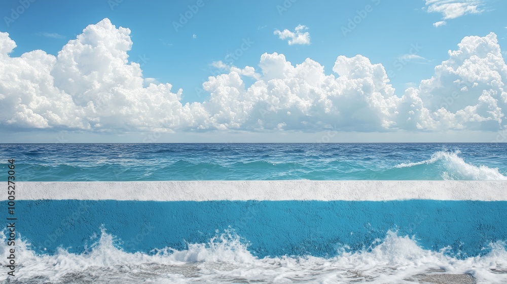 Obraz premium ocean waves crashing against seawall under blue