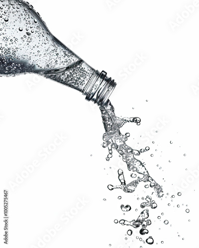 Glossy water stream; sparkling, cascading droplets, highlighting freshness against white.