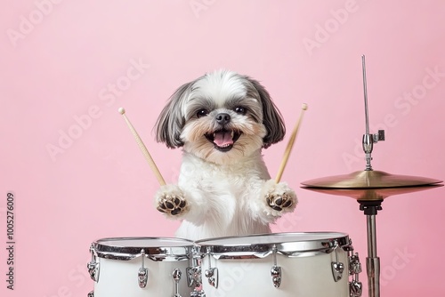 A small, white dog with a happy expression is sitting in front of a drum set and holding drumsticks. The dog's front paws are on the drums. The background is a bright pink color. photo