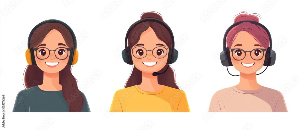 Three cartoon women with headsets smiling, wearing eyeglasses and different colored shirts. Three cartoon women with headsets smiling, wearing eyeglasses and different colored shirts.