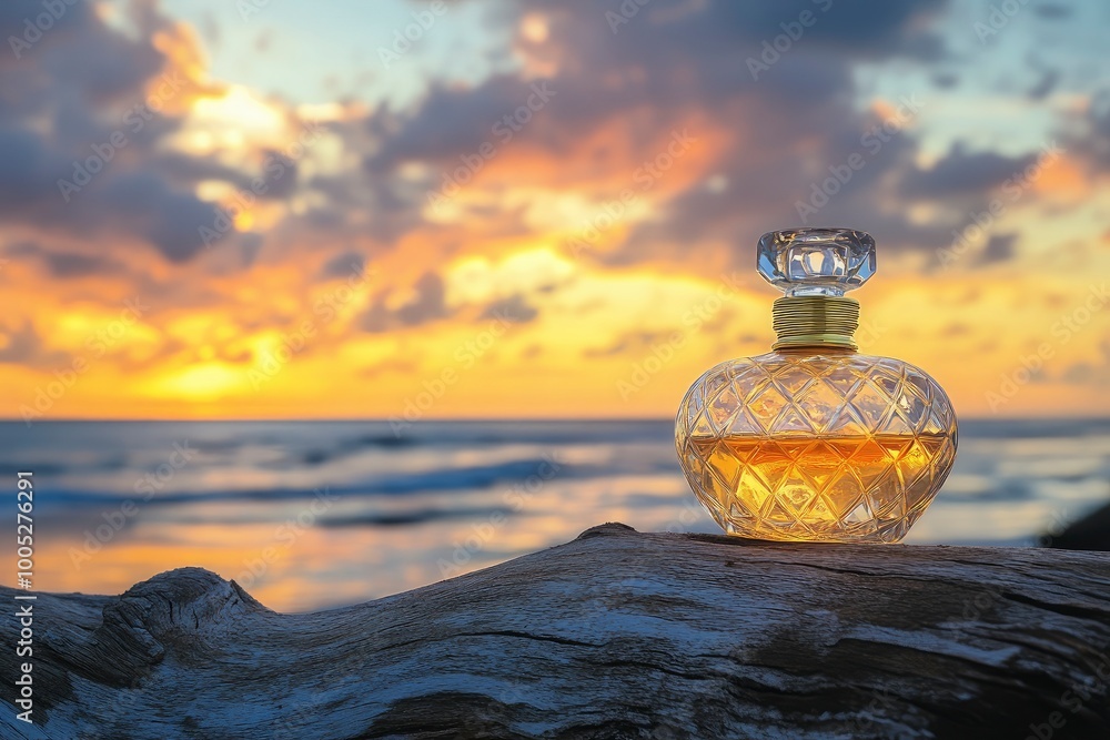 A golden transparent perfume bottle with drops on a log. Close-up. In the background, the ocean and cloudy sunset sky. Bottom view. Concept of International Fragrance Day. with generative ai A golden transparent perfume bottle with drops on a log. Close-up. In the background, the ocean and cloudy sunset sky. Bottom view. Concept of International Fragrance Day. with generative ai