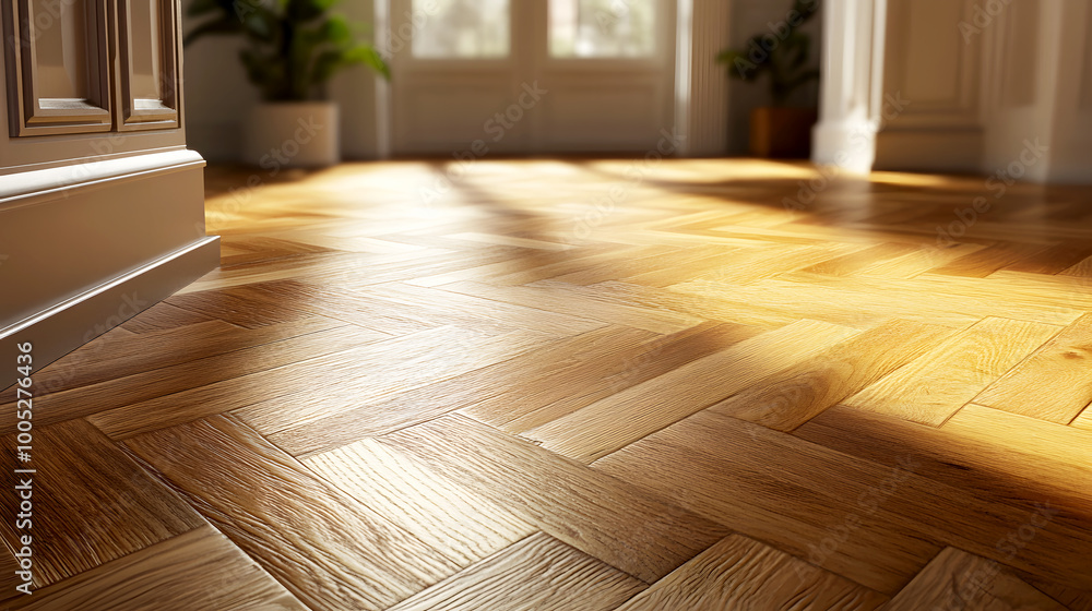 Obraz premium Elegant Oak Herringbone Parquet Flooring in Soft Light