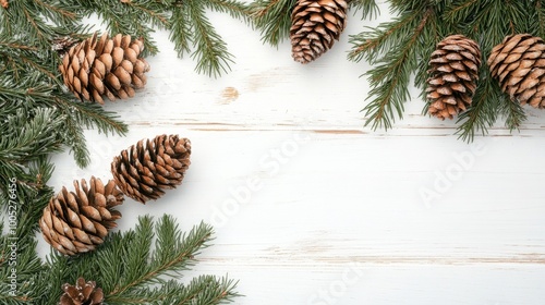 pine cones and evergreen branches on white