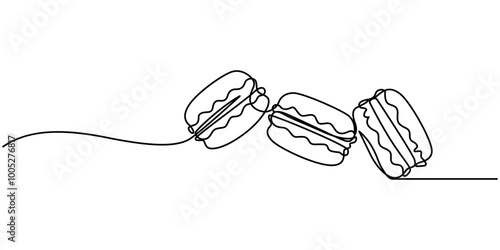 Continuous one line drawing of colorful French macaroons isolated on white background, cookie drawing by one continuous line, vector, Macaroons cookies one continuous line art drawing vector