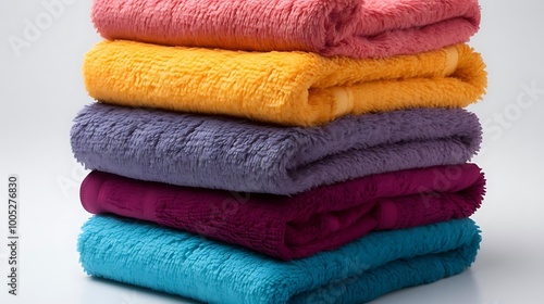 A stack of colorful, soft blankets arranged neatly.