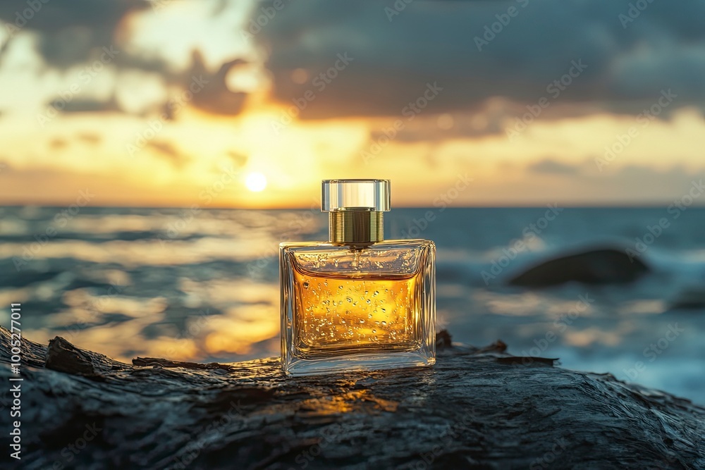 A golden transparent perfume bottle with drops on a log. Close-up. In the background, the ocean and cloudy sunset sky. Bottom view. Concept of International Fragrance Day. with generative ai A golden transparent perfume bottle with drops on a log. Close-up. In the background, the ocean and cloudy sunset sky. Bottom view. Concept of International Fragrance Day. with generative ai
